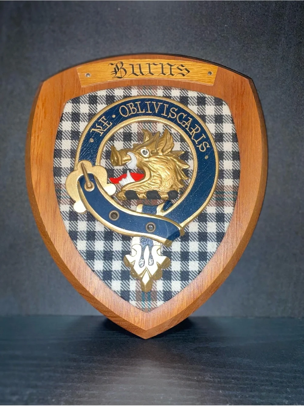 Scottish Clan Crest Tartan Burns - Ne Obliviscaris - Woodcarver Wooden Plaque